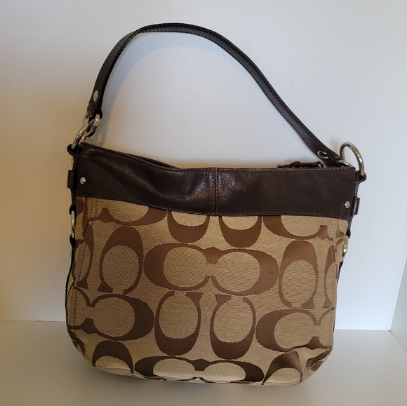Coach Signature Jacquard/Brown Leather Bag - Picture 6 of 12